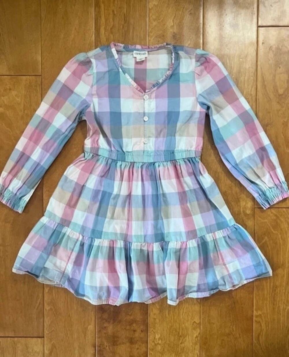 Crewcuts Dress Girls 5 Pink Blue Plaid Crewcuts Long Sleeve Tiered Ruffle